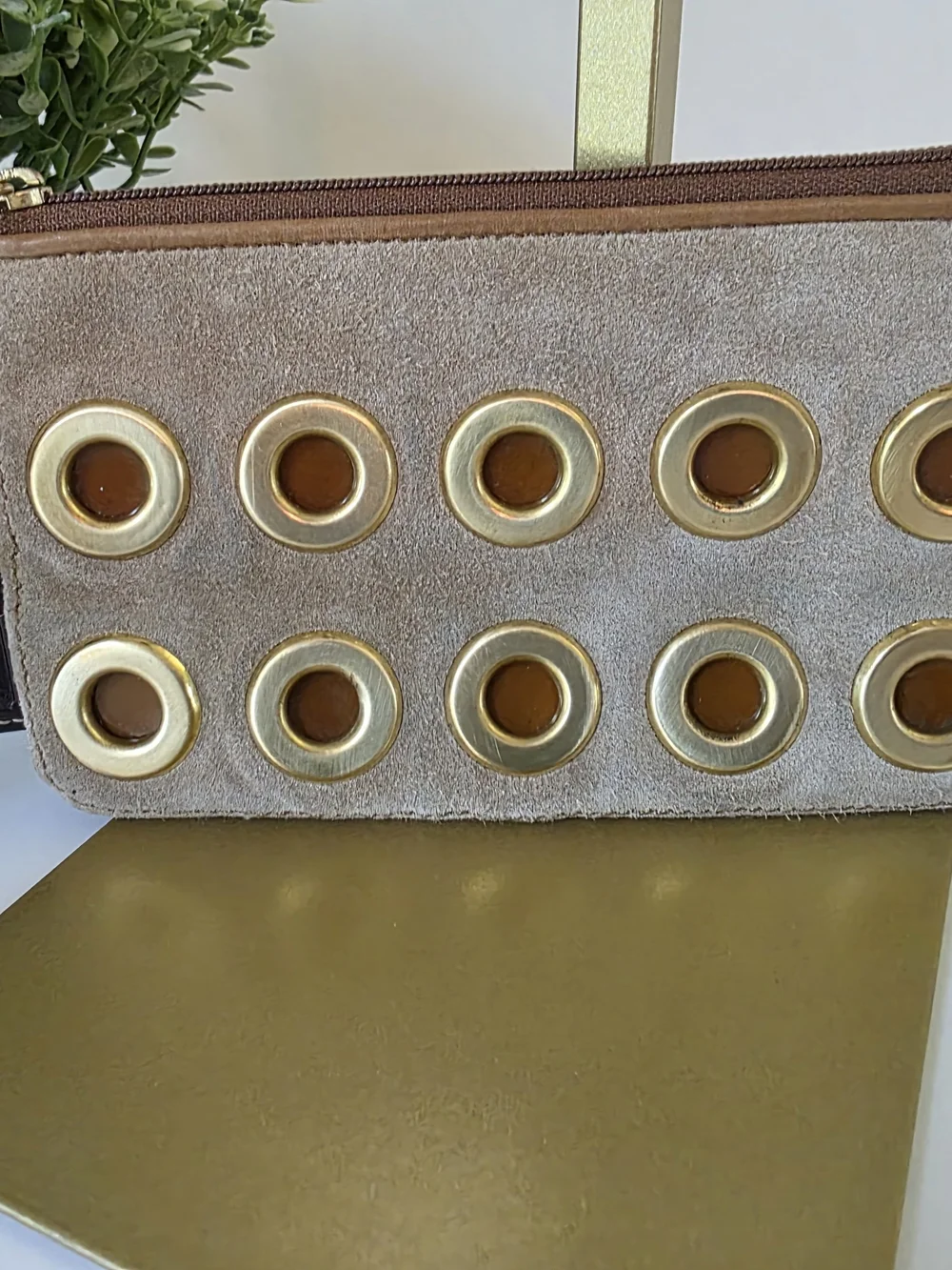 Coach Camel Suede Eyelet Wristlet Gold Grommet Zip Pouch Y2k Clutch